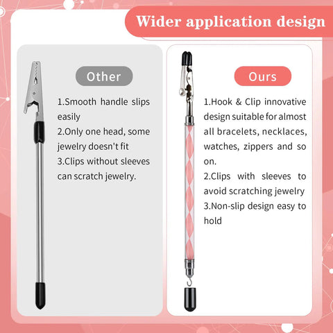 Comparison of a traditional jewelry clasp tool and the 2 In 1 Bracelet Helper Tool For Self On Quick Release Jewelry Clasp Assist Bracelet And Necklace Fastener With Hidden Hook Anti Scratch Clip 197mm Extended Design For All Hand Sizes