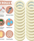 Image of Bulk 30 Rolls Masking Tape 0.8 Inch By 55 Yards Each For Classroom Office Crafts Labeling School Projects Easy Tear And Clean Removal General Purpose Tape Beige White, showing stacked beige rolls and tape features.