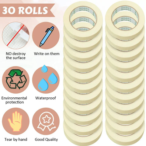 Image of Bulk 30 Rolls Masking Tape 0.8 Inch By 55 Yards Each For Classroom Office Crafts Labeling School Projects Easy Tear And Clean Removal General Purpose Tape Beige White, showing stacked beige rolls and tape features.