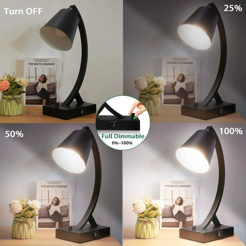 Dimmable Black Desk Lamp With USB A And USB C Ports Built In AC Outlet Rotary Dimmer Switch Bedside Nightstand Light For Bedroom Living Room Office Bulb Included Great For Home Office And Study, showcasing various brightness levels