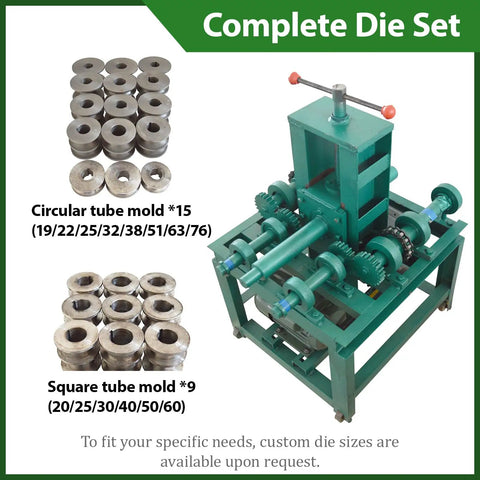 Complete die set with 15 circular and 9 square molds for Heavy Duty Electric Pipe Tube Bender 3HP 220V projects.