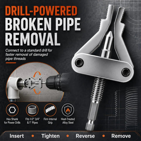 Heavy Duty Drill Powered Broken Pipe Thread Extractor And Three In One Bolt Remover Tool With Hex Shank Fits Impact Drives For Fast Plumbing Repairs On Job Sites, alloy steel, for 1/2 3/4 1 inch pipes