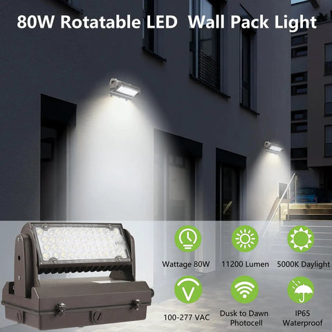 Beefy 80W Rotatable LED Wall Pack Light With 5000K Cool White, 11200 Lumens, 60-Degree Beam, shown illuminating a building exterior