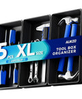 5 Piece Extra Large Power Tool Drawer Organizer Tray Set With EVA Non Slip Pads Deep Dividers For Cordless Drills Impact Drivers Torque Wrenches And Other Bulky Tools, showing five black trays with tools like hammers and wrenches visible.