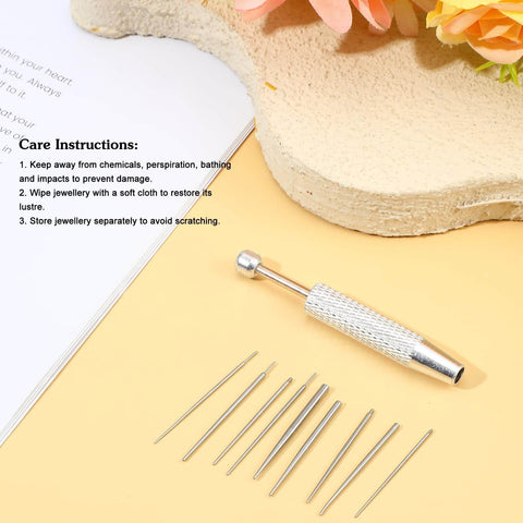 10 Piece Piercing Taper Ball Grabber Gear For Changing Jewelry, Stainless Steel Insertion Tools in 12G to 20G, laid out on table