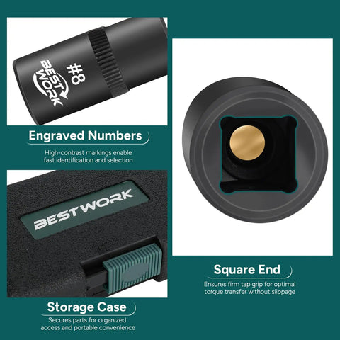 Close-up of 12-Piece Magnetic Tap Socket Set With One Quarter Inch And Three Eighths Inch Square Drive Tap Handle Tool features.