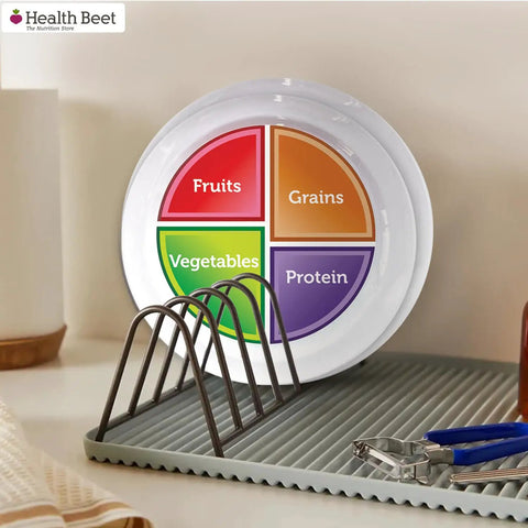 Choose MyPlate Four Section Portion Control Plate With Even Quarters For Fruits, Vegetables, Grains And Protein in dish rack