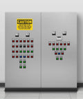 Electrical panel with controls and a yellow caution sign for Thirty Six Inch Caution Stickers Pack Of Ten Seven By Five Inch Electrical Panel Clearance Signs.