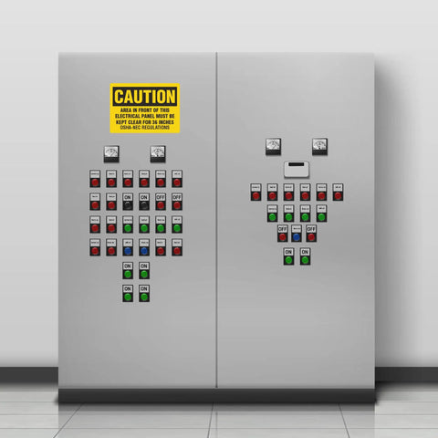Electrical panel with controls and a yellow caution sign for Thirty Six Inch Caution Stickers Pack Of Ten Seven By Five Inch Electrical Panel Clearance Signs.