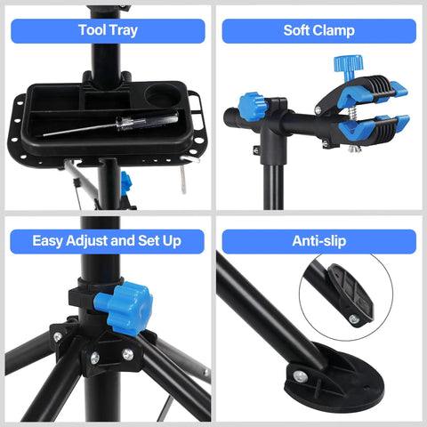 Adjustable 42.5 To 74 Inch Bike Repair Stand with tool tray, soft clamp, easy setup, and anti-slip legs for home and shop use.