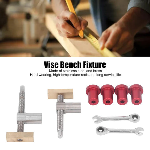 19mm Woodworking Desktop Clamp Set with stainless steel and brass components, bench dogs, and ratchet wrenches for workbench use.