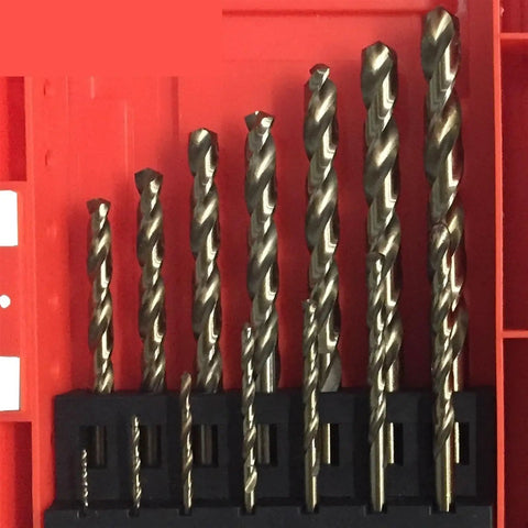 Professional 19 Piece Cobalt Drill Bit Set M35 Hssco 1.0 To 10mm Spiral Twist Bits laid out in case for metal and wood work.