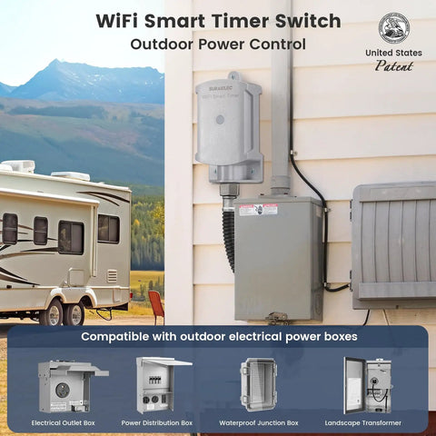 Built Tough Wifi Smart Timer Switch For Outdoor Electrical Junction Boxes 35 Amp 120 Volt Weather Resistant Power Controller installation on outdoor wall.