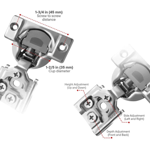 Diagram of 40 Pack One Half Inch Overlay Soft Close Face Frame Cabinet Hinges With 105 Degree Six Way Adjustment and dimensions labeled.