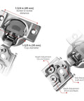 Diagram of 30 Pack Half Inch Overlay Soft Closing Face Frame Cabinet Hinges with measurements and adjustment details.