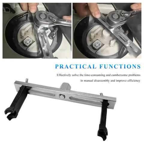 Grease Monkey Approved No Sweat Fuel Pump Removal Tool With Extended Lever Handle for gas tank lock ring disassembly.