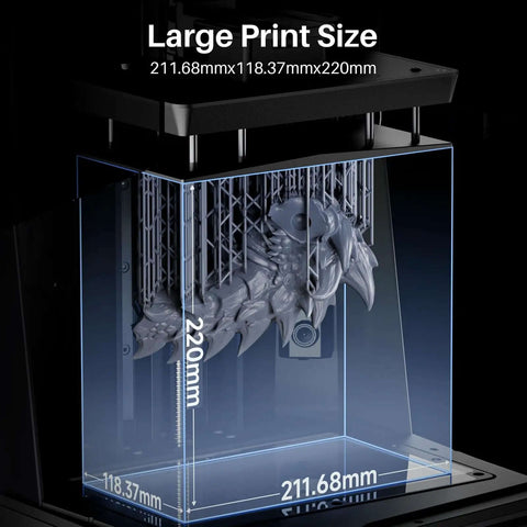 Saturn 4 Ultra 16K Resin 3D Printer Cranks Out 150 mm Per Hour, showing large print size of 211.68 by 118.37 by 220 mm