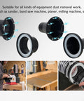 Quick Connect Magnetic Dust Collection Kit for 4 Inch and 2.5 Inch Hoses shown in workshop with tools like sander and planer.