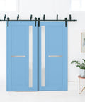 Bypass Sliding Barn Doors Set 84 By 96 Inches With Frosted Glass In Aquamarine Finish 8ft Rails Hardware Kit Interior Double Wardrobe Doors