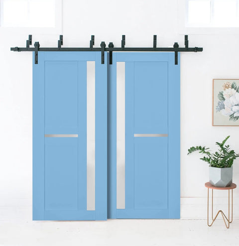 Bypass Sliding Barn Doors Set 84 By 96 Inches With Frosted Glass In Aquamarine Finish 8ft Rails Hardware Kit Interior Double Wardrobe Doors