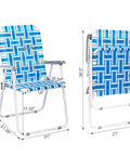 Front and back view of Set Of 2 Portable Folding Lawn Chairs For Patio Or Beach Use, webbed seats, higher backrests, blue design