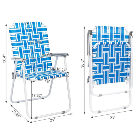 Front and back view of Set Of 2 Portable Folding Lawn Chairs For Patio Or Beach Use, webbed seats, higher backrests, blue design