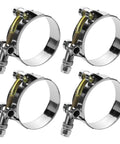 Four 1-inch T-bolt hose clamps, 304 stainless steel, for 1-inch ID hoses, front view.