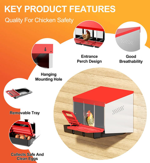 Metal Chicken Nesting Box With Swing Perch And Rollout Egg Collection For Chicken Coop Red Three Compartments features
