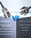 Comparison of two piece internal and external pipe thread cutting tool for plastic PVC pipes one half inch to three quarter inch fits electric drill for easy home repair and fast DIY pipe work with competitor.