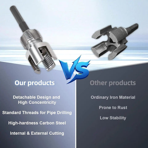 Comparison of two piece internal and external pipe thread cutting tool for plastic PVC pipes one half inch to three quarter inch fits electric drill for easy home repair and fast DIY pipe work with competitor.