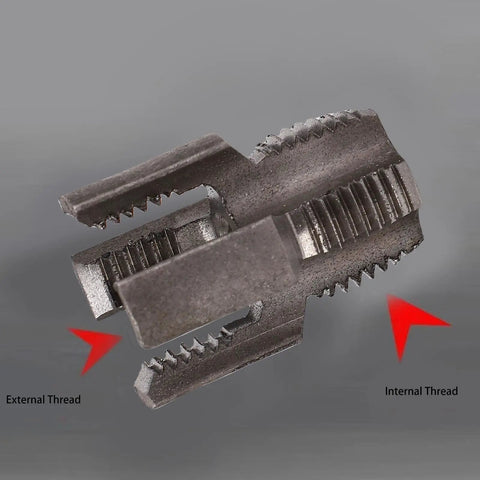 HaloVerde 1/2 Inch Pipe Threader Tool For Cleaning Clogged Threads, close-up of alloy steel thread cutter with external and internal threads.