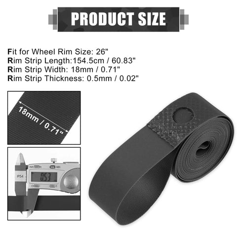 26 Inch Bike Wheel Rim Tape Liner Inner Tube Protection Band PVC Black Pair for Flats and Rim Protection shown with dimensions