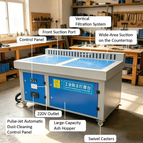Heavy Duty Metalworking Downdraft Table With 3Kw Motor And 220V Power Pulling Serious Air Through Four Sided Suction For Welding Grinding Polishing And Deburring Dust Collection On A Beefy 59X39 Inch Workstation with control panel and suction ports.