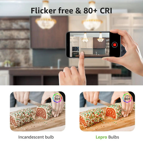 Comparison of incandescent and Lepro bulbs with a hand holding a phone, displaying chandeliers with Bright 5.5W LED B11 Candelabra Bulbs 5000K Daylight White Not Dimmable 40W Equivalent Plastic Small Base Candle Lights For Chandeliers And Ceiling Fans Easy Install 6 Pack.