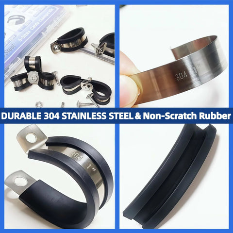 HOLADAWN 60‑pc clamp kit: 304 stainless steel clamps with rubber cushions in 5 sizes, collage of front/side/close-up views.