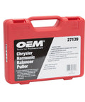 Red carrying case for Chrysler Harmonic Damper Puller And Balancer Removal Tool Set, labeled with instructions and part number 27139.