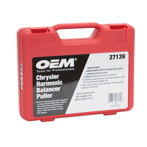 Red carrying case for Chrysler Harmonic Damper Puller And Balancer Removal Tool Set, labeled with instructions and part number 27139.