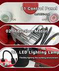 Close-up of control panel, induction motor, and LED lamp on Brake Drum And Disc Lathe With Auto Feed And Led Light, Dual Spindles. 