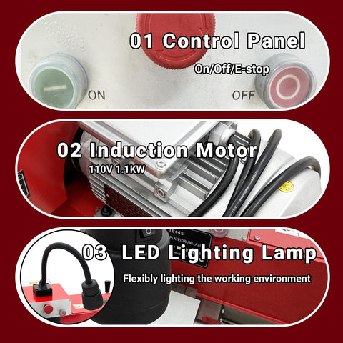 Close-up of control panel, induction motor, and LED lamp on Brake Drum And Disc Lathe With Auto Feed And Led Light, Dual Spindles. 