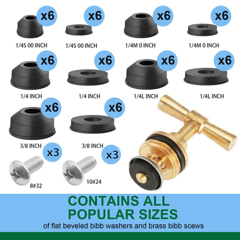 Universal Faucet Washer And O Ring Kit 1075Pcs with flat beveled bibb washers, brass screws, and various size options displayed.