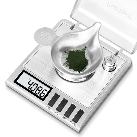 Digital Milligram Scale for ultra precise 50g capacity with 0.001g steps, spot on accuracy, tare function, auto off, six weighing units including g, oz, ozt, dwt, ct, gn, plus handy accessories for powder and lab use. Stainless steel scale with powder dish and cover