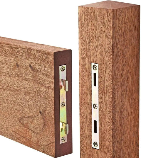Heavy Duty Bed Rail Brackets Set Of 4 Quick Release Bed Post Fasteners Built Like A Tank For Stress Free Setup And Gonna Keep Your Frame Snug With Flawless Mortise Joint Alignment showing zinc plated steel brackets for bed frames.