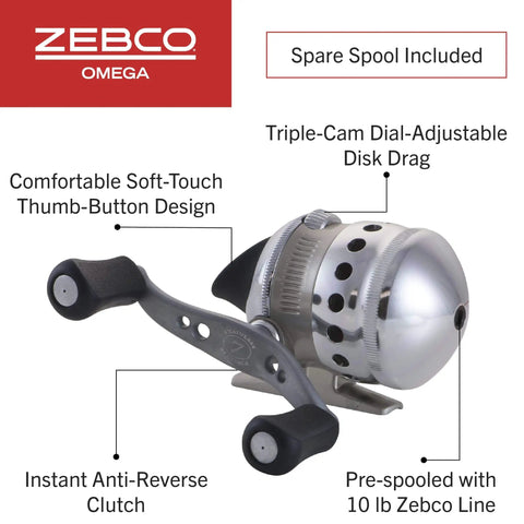 Omega Spincast Fishing Reel Size 30 With Pre Spooled 10 Pound Line, showing aluminum front cover and adjustable retrieve handle.