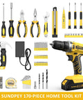 21V Drill Kit With 170 Pieces, Portable Home Repair Set, including power drill, hand tools, 2.0Ah battery, charger, and toolbox