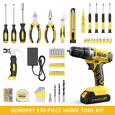 21V Drill Kit With 170 Pieces, Portable Home Repair Set, including power drill, hand tools, 2.0Ah battery, charger, and toolbox