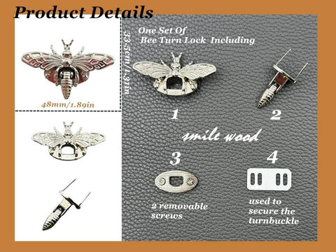 Bee-shaped metal purse turn-lock clasp set, dark finish, 5 sets with screws and keychain for handbags