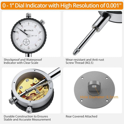 Pro Grade Dial Indicator Table Saw Gauge For Spot On Alignment And Calibration In The Workshop Fits Standard Miter Slot Three Eighths By Three Quarters Inch Width Detects Arbor And Blade Runout For Table Saws With Three Quarters Inch Or Larger Groove, dial indicator with 0-1 inch range and clear scale.