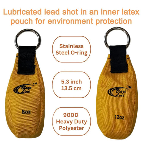 Throw Weight Pouch Set For Arborist Tree Climbing, 2 Pack, 8 Oz And 12 Oz, Luminous Yellow, front view with O-rings