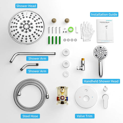 Components of Two In One Shower System With 3 Setting High Pressure Rain Head And 8 Mode Handheld Spray Wall Mounted Chrome Fixture