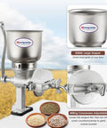 Cast Iron Hand Crank Grain Mill With Large Hopper And Table Clamp For Home Brewing And Manual Grinding Of Corn Barley Wheat Berries Coffee Beans Dried Beans Seeds Pepper Chickpeas And More, showing side view in field.